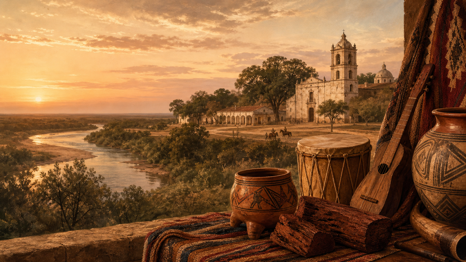 Ilustración evocativa de río, ciudad colonial y piezas culturales.